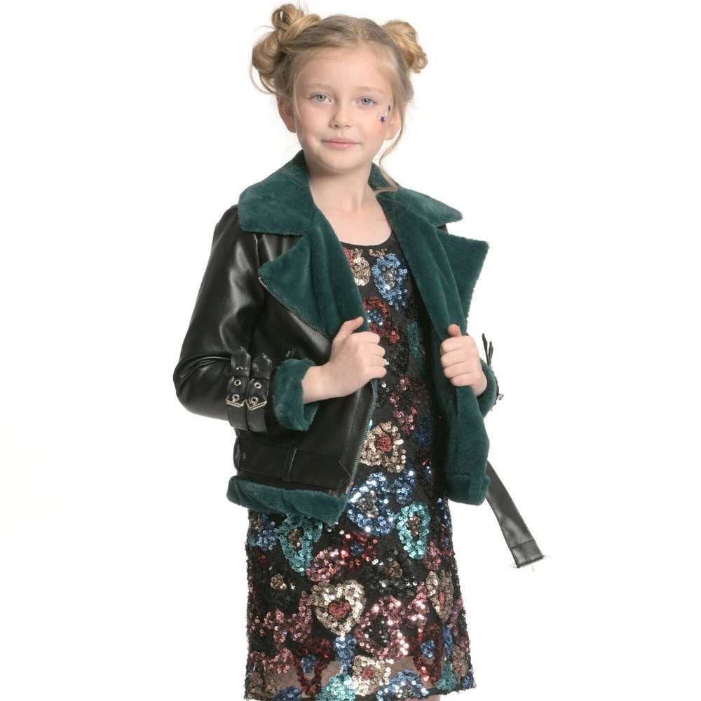 Hannah Banana Girls Green Faux Fur Leather Moto Jacket NEW 8 12 14